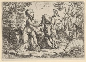 Junger Heiliger Johannes der Täufer kniend vor dem Jesuskind, das sein Gesicht streichelt, ca. 1600-1640 von Guido Reni