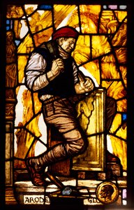 Fensterpaneel, das einen Steinmetz darstellt (Buntglas) von Guido Zuccaro