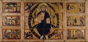 Der Erlöser und die Symbole der Evangelisten, von Guido da Siena, Gemälde auf Holz von Guido da Siena