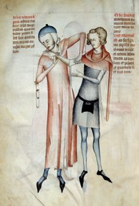 Arzt untersucht die Gelenke seines Patienten durch Strecken eines Arms (Osteopath). Miniatur in „Liber notabilium Philippi septimi francorum regis, a libris Galieni extractus“ geschrieben von Gui von Pavia von Guido da Vigevano da Pavia