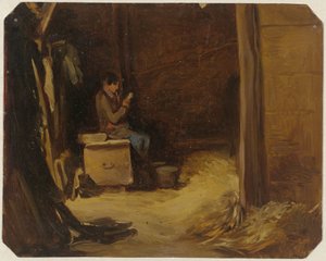 Briefe lesender Junge in einem Stall