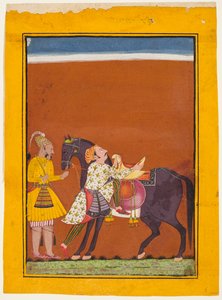 Ein Krieger besteigt ein gehaltenes Pferd: Saindhava Ragaputra von Shri, aus einer Chamba Ragamala von Guillaume Benjamin Amand Duchenne (de Boulogne)