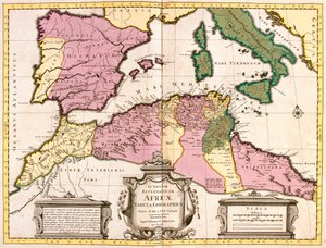 Karte von Nordafrika (Mauretanien, Marokko, Algerien, Tunesien, Libyen) und Europa (Spanien, Portugal, Frankreich, Italien, Griechenland mit Balearen, Sardinien, Korsika und Sizilien) (Radierung)