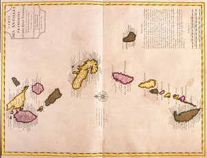 Karten der Karibischen Inseln (Guadeloupe, Marie Galante, Dominica, Martinique, Saint Lucia, Saint Vincent, Barbados, Grenadinen und Grenada) (Radierung)