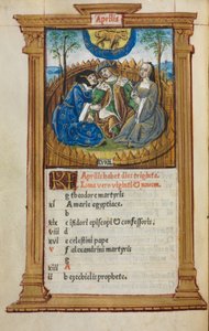 Gedrucktes Stundenbuch (Gebrauch von Rom): fol. 5v, April Kalenderillustration von Guillaume Le Rouge