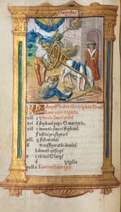 Gedrucktes Stundenbuch (Gebrauch von Rom): fol. 9v, August Kalenderillustration von Guillaume Le Rouge