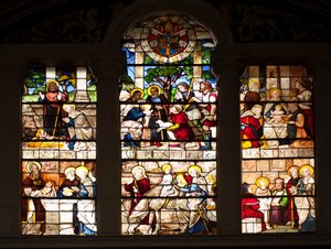 Episode aus dem Leben Jesu, Glasmalerei von Guillaume de Marcillat (1470-1529) 1509, Chor der Basilika Santa Maria del Popolo, Rom von Guillaume de  Marcillat