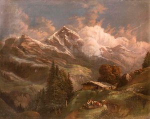 Belebte Hochalm mit Blick auf Alpengipfel - Großglockner? von Gustav Barbarini