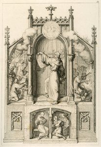 Luther will keine Ablässe geben, links: Johann Tetzel (1465-1519) verbrennt die Schriften Luthers, Hauptbild: Luther hängt seine 95 Thesen an die Kirchentür von Wittenberg, rechts: Studenten der Universität Wittenberg verbrennen von Gustav Ferdinand Leopold Konig