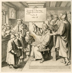 Martin Luther in der Schule mit vielen Kindern, weil ihm der Religionsunterricht sehr wichtig ist, rechts einige Lehrer