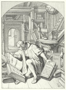 Martin Luther entdeckt eine lateinische Bibel in der Bibliothek der Universität Erfurt (Gravur) von Gustav Ferdinand Leopold Konig