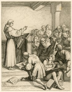 Martin Luther hält Vorlesungen an der Universität Wittenberg, vor ihm der Vizekanzler Dr. Pollich und sein väterlicher Freund Johann von Staupitz (1460-1524)