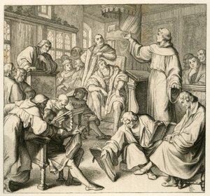Martin Luther im Gespräch mit Dr. Johannes Eck (Johann Maier von Eck), auf der Seite Luthers sind Philipp Melanchthon (1497-1560) und Karlstadt (Andreas Rudolf Bodenstein von Karlstadt)