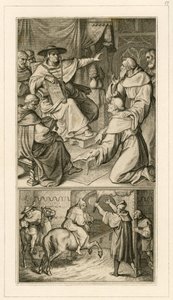 Martin Luther im Gespräch mit Kardinal Cajetan, Luther muss seine Schriften widerrufen, neben ihm sein Freund Staupitz