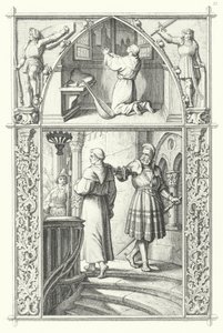 Martin Luther im Gebet, während er sich auf den Reichstag zu Worms vorbereitet (oben). Georg von Frundsberg ermutigt Martin Luther (unten) (Stich) von Gustav Ferdinand Leopold Konig