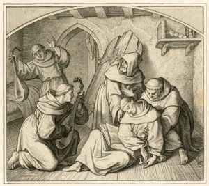 Martin Luther ist bewusstlos in seiner Klosterzelle, zusammen mit anderen Mönchen, die Laute spielen