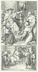 Martin Luther verlässt den päpstlichen Legaten in Wittenberg, Thomas Cajetan (oben). Martin Luther verlässt die Stadt Augsburg (unten) (Stich) von Gustav Ferdinand Leopold Konig