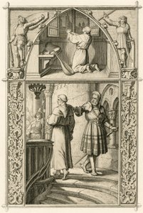 Martin Luther bereitet sich durch ein Gebet auf das Treffen mit dem Kaiser vor (Bild oben); Hauptbild: Luther trifft den Ritter Georg von Frundsberg von Gustav Ferdinand Leopold Konig