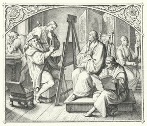 Martin Luther sitzt für ein Gemälde von Lucas Cranach dem Älteren (Gravur) von Gustav Ferdinand Leopold Konig