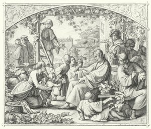 Martin Luther mit seiner Familie und einigen seiner Zeitgenossen im Sommer (Gravur)