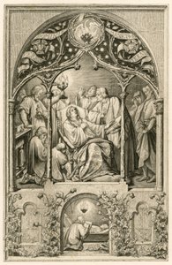 Der Tod von Martin Luther, Luthers zwei Söhne knien vor seinem Vater, Dr. Justus Jonas spricht letzte Worte, hinter ihnen betet Michael Coelius, Johannes Aurifaber mit einem Kandelaber, der Arzt Simon Wild mit Medizin und rechts der Graf Albr