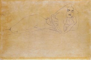 Akt auf dem Bauch liegend nach rechts. Porträt einer halb entblößten Frau. Zeichnung von Gustav Klimt (1862-1918)