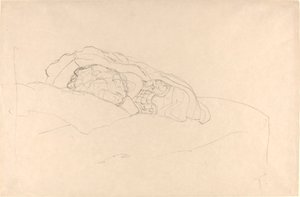 Zusammengerolltes Mädchen auf Bett von Gustav Klimt