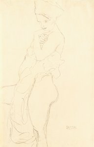 Stehender Akt links, hält ein Handtuch an den Körper, 1917