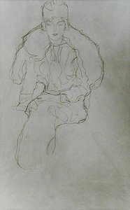 Sitzende Frau mit Pelzumhang und Kopfschmuck