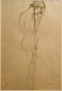 Stehende alte Frau im Profil nach rechts, Beinstudie