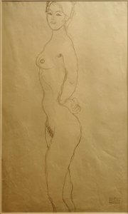 Stehender weiblicher Akt nach links, die Hand in die... von Gustav Klimt
