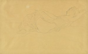 Frau, die auf dem Rücken liegt, teilweise bekleidet von Gustav Klimt