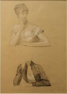 Zwei Studien einer an einem Tisch sitzenden jungen Frau von Gustav Klimt