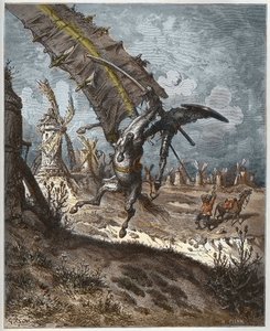 Don Quijote und die Windmühlen aus „Don Quijote de la Mancha“ von Miguel Cervantes (1547-1616) - graviert von Heliodore Joseph Pisan (1822-90) nach einer Zeichnung von Gustave Doré von Gustave (after) Dore