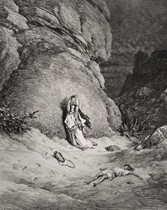 Hagar und Ismael in der Wüste, Illustration aus Dores 