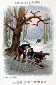 Illustration von „Der Bär und die zwei Gefährten“, Fabel von La Fontaine, basierend auf einer Zeichnung von Gustave Doré.