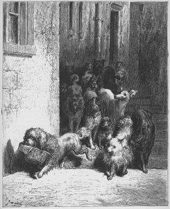 Der Hund, der das Abendessen seines Herrn trägt. Fabeln, La Fontaine (1621-1695), Stich von Gustave Doré (1823-1883)