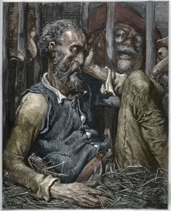 Die Verzauberung von Don Quijote aus „Don Quijote de la Mancha“ von Miguel Cervantes - Holzschnitt nach einer Zeichnung von Gustave Doré