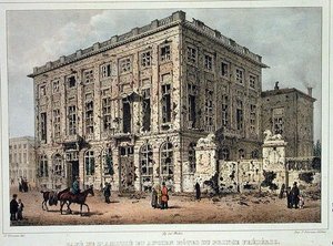 Das Cafe Amitie und das Alte Hotel du Prince Frederic, Brüssel, nach den Kämpfen vom 23.-26. September 1830, graviert von Jean Baptiste Madou von Gustave Adolphe (after) Simoneau