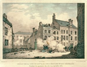 Kämpfe in der Rue de Louvain, Brüssel, hinter den Etats Generaux, 23.-24. September 1830, graviert von Jean Baptiste Madou (1796-1877) von Gustave Adolphe after Simoneau