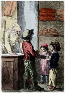 Gavroche gibt Kindern Brot - in Les Misérables von Victor Hugo, illustriert von Brion, ed. Hetzel und Lacroix von Gustave Brion