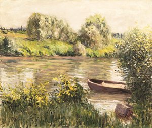 Barken am Fluss im Herbst