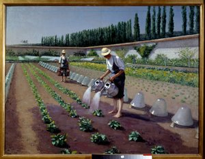 Die Gärtner, zwei Männer mit ihren Gießkannen bewässern ihre Pflanzung, Gemälde von Gustave Caillebotte von Gustave Caillebotte