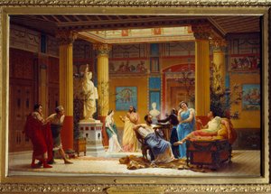 Die Wiederholung des „Flötenspielers“ und „La Femme de Diomede“ im Atrium des Maison Pompeienne in Paris durch Prinz Napoleon