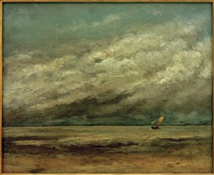Segelboot nahe der Küste, stürmischer Himmel