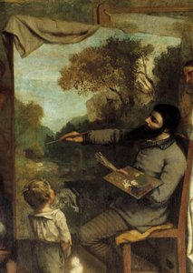 Das Atelier des Malers. Allegorie Reelle, die eine siebenjährige Phase meines künstlerischen Lebens (und moralischen) bestimmt. Detail (darstellend) der Maler bewundert von einem Kind, das die Unschuld der Jugend symbolisiert. Gemälde von Gustave Courbet ( von Gustave Courbet