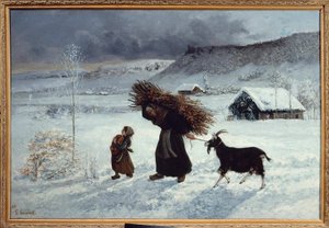 Dorfarmut, Ornans. Eine Bäuerin und ihre Tochter bringen Brot, Holzscheite und eine Ziege als Wintervorrat. Gemälde von Gustave Courbet (1819-1877) 19. Jahrhundert