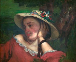 Frau mit Blumen auf ihrem Hut von Gustave Courbet