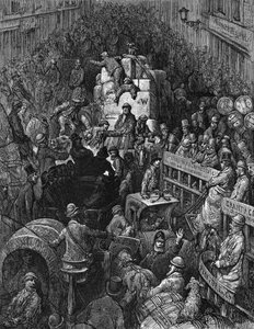 Eine Stadtstraße: Aus Gustave Doré und Blanchard Jerrold London: Eine Pilgerreise London 1872. Szene chaotischer Verkehrsstau mit einem Londoner Polizisten, der versucht, die Fahrzeuge in Bewegung zu setzen. Holzstich.