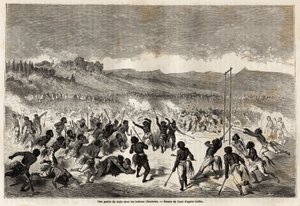 Ein Ballspiel unter den Choctaw-Indianern, einem Stamm der Region Mississippi, gezeichnet von Gustave Doré (1832-1883), zur Illustration der Reise von Baudouin Mollhausen (1825-1905) von Mississippi zum Pazifischen Ozean in den Jahren 1853-54. Gravur in „L